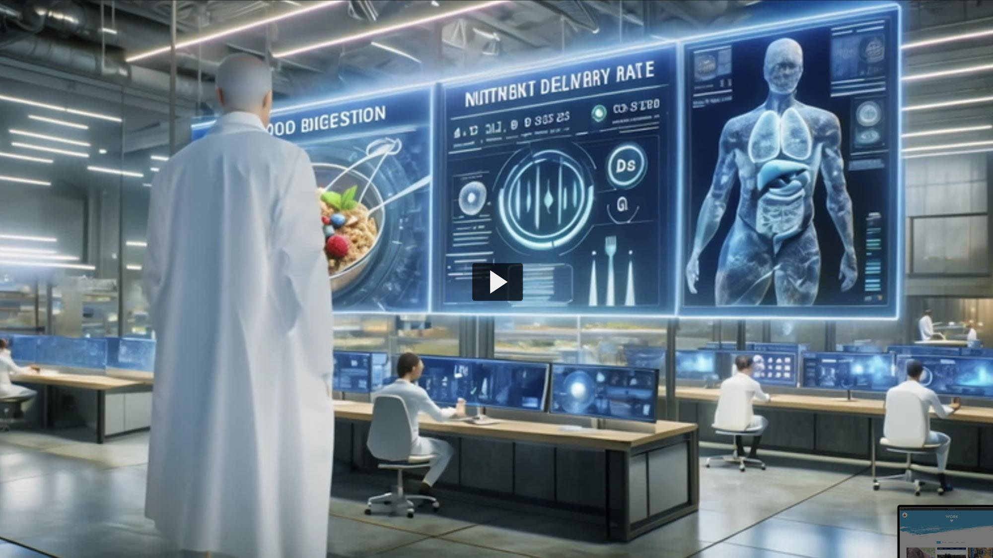 A scientist in a tech lab stares at a large virtual dashboard display that features food items and graphical diplays